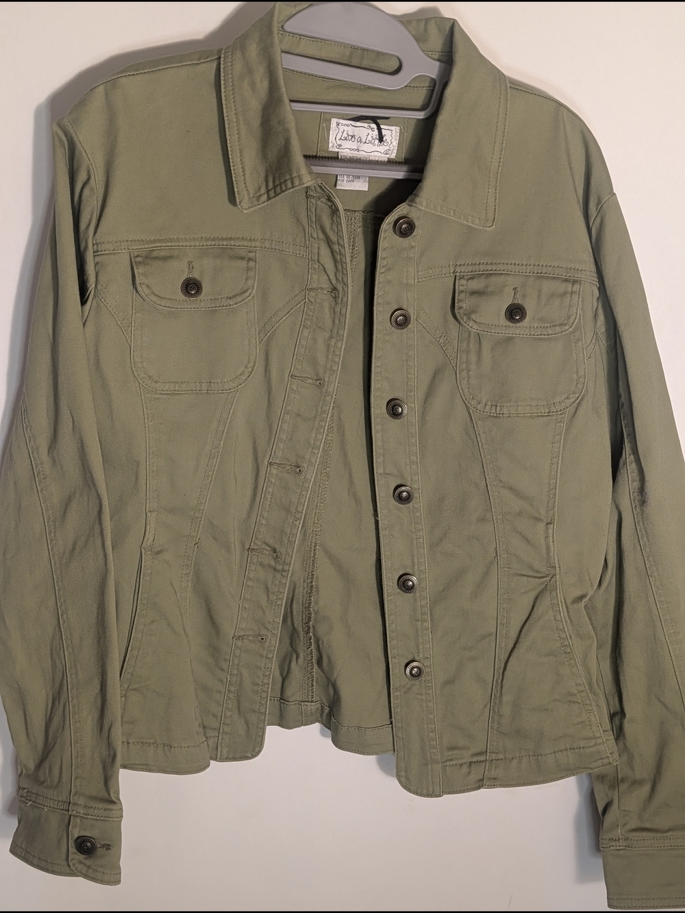 Live a Little Olive Green Utility Denim Jacket Stretch Cotton Size L